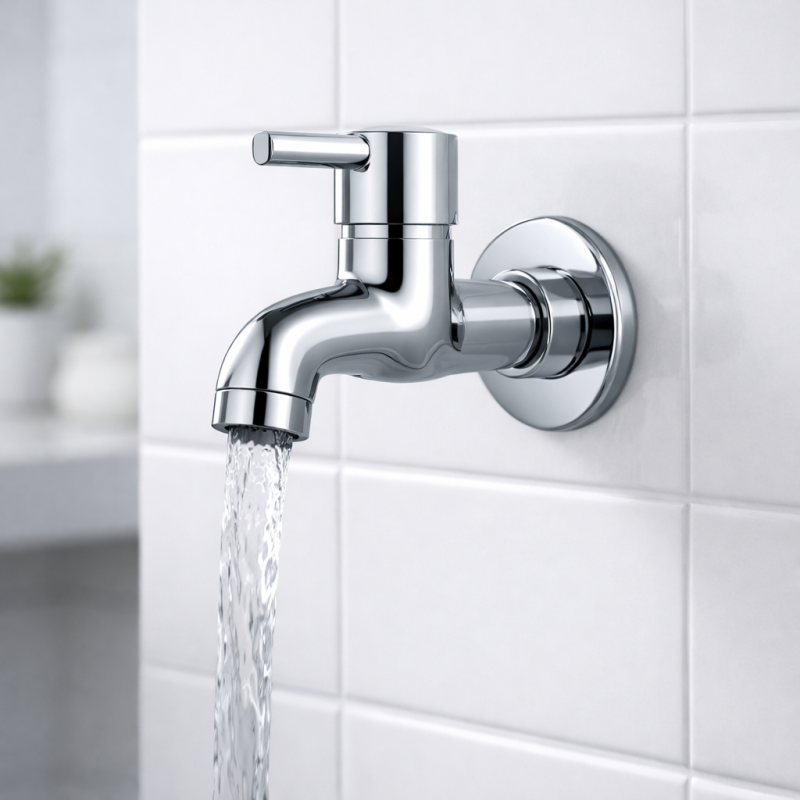 Chrome bibcock tap installed on tiled wall with water flowing into bucket